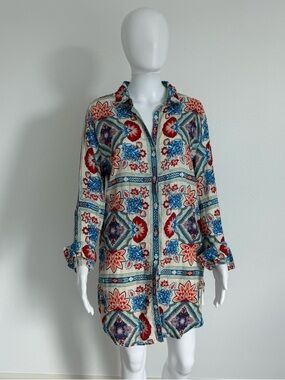 Rachel Zoe Blue, Red, Cream Floral Print Button Up Top